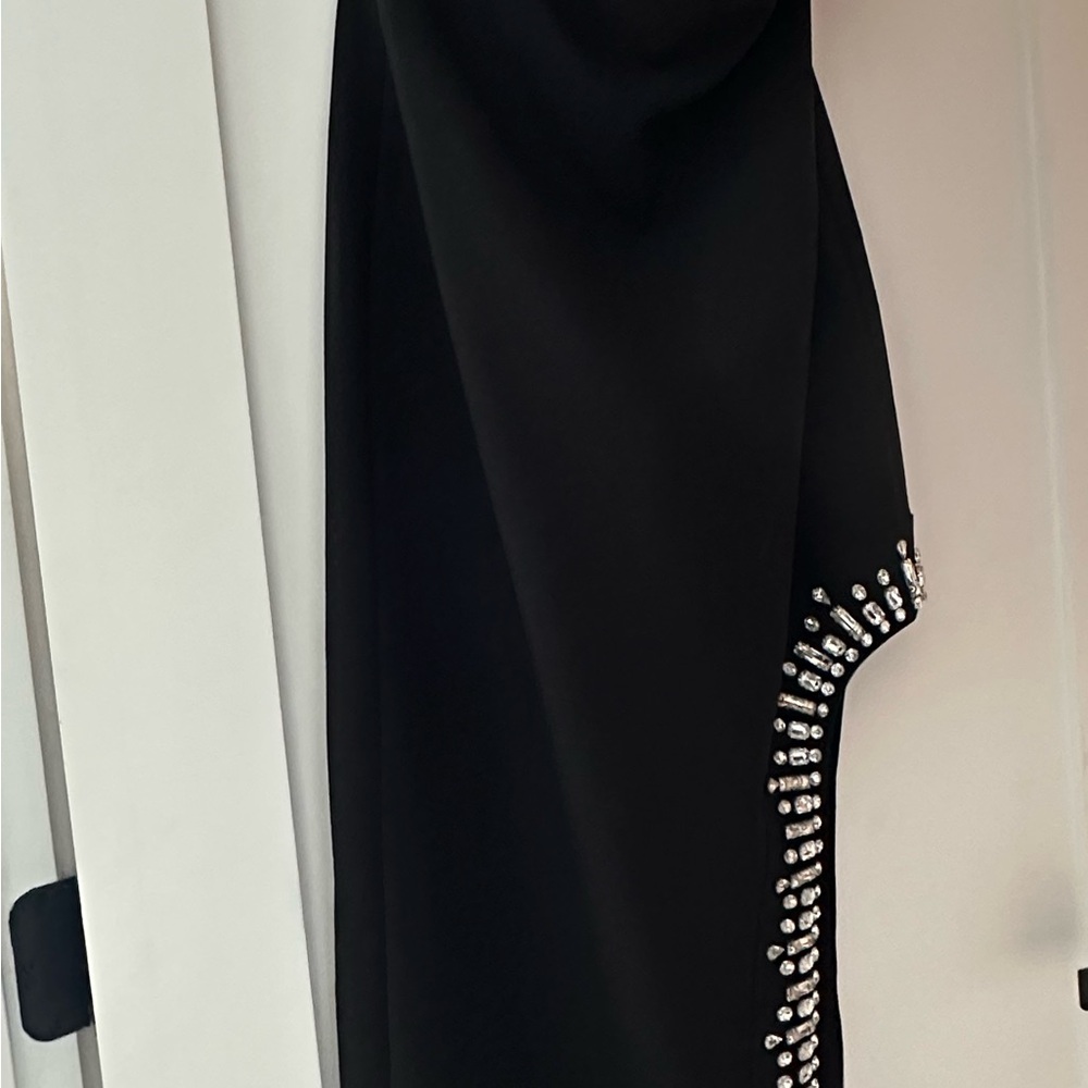 Cinq à Sept Black Sheath Midi Dress with One Shoulder Silver Embellishments